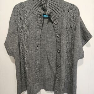Gray Cable-Knit Button-Front Short-Sleeve Cardigan Sweater